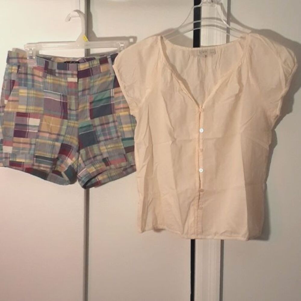 Lord & Taylor Madras plaid shorts xs 2 & loft top shirt blouse s p sp soft girl
